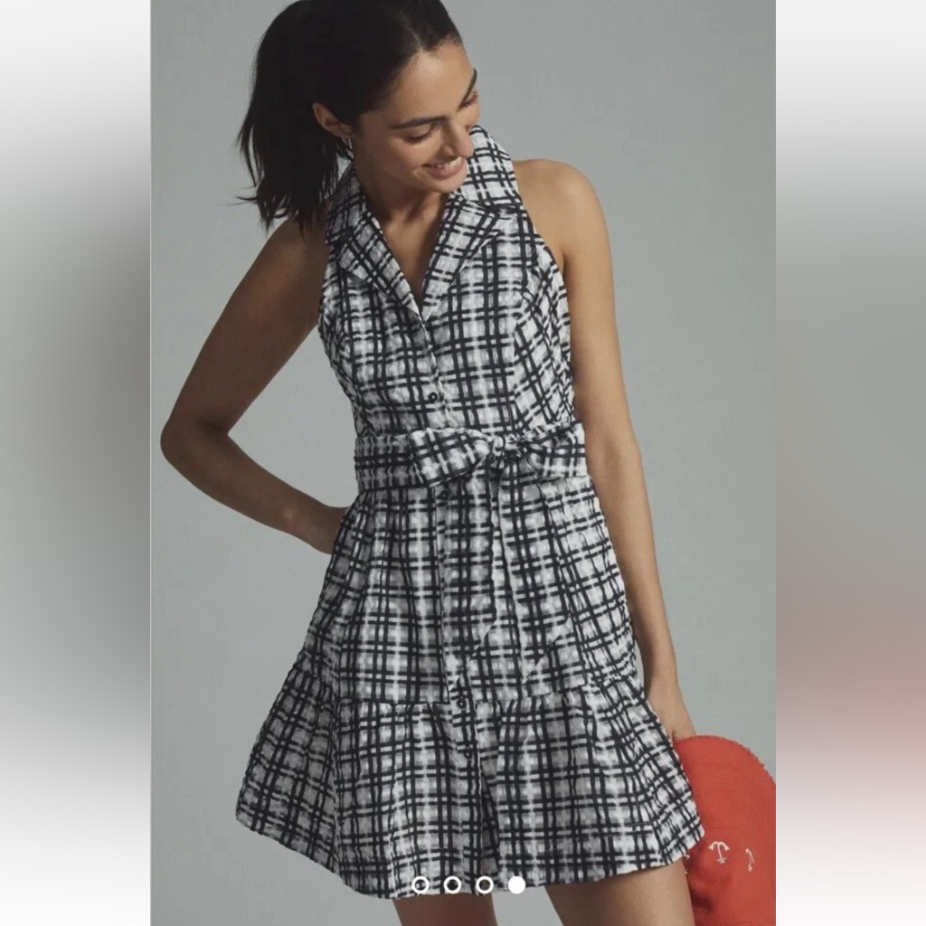 Nwt Anthropologie Maeve Plaid Mini Retro Sundress Blk/White Size 10. Rt $170